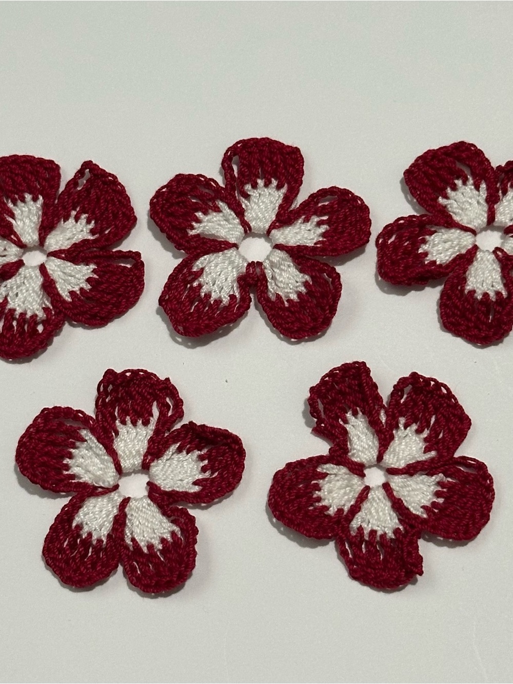 Red and White Crochet Flower Appliqués - Pack of 5 2” length